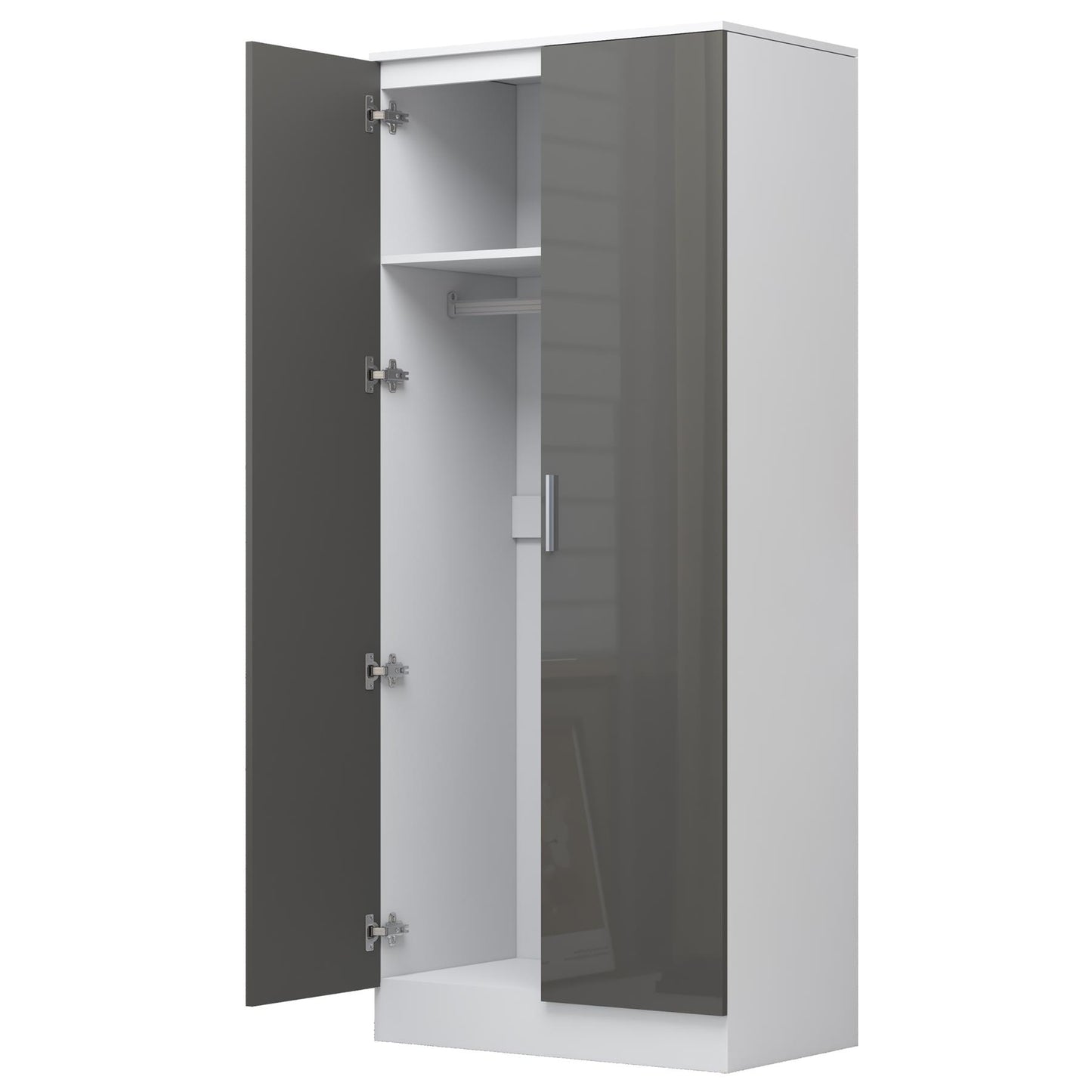 Reflect 2 Door Plain Wardrobe - Grey Gloss & Matt White - Hanging Rails & Shelves - Modern Sleek Design