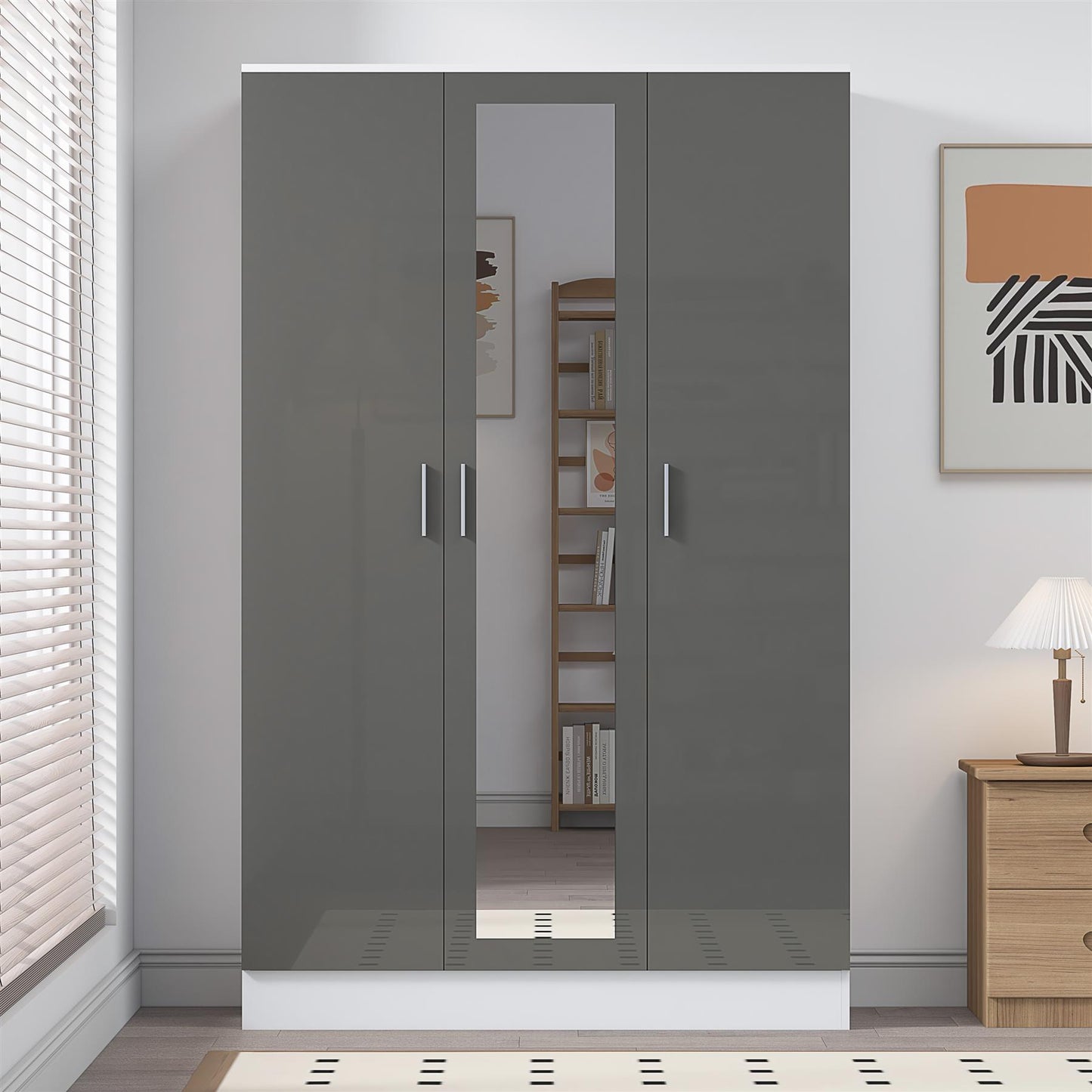 Reflect 3 Door Mirror Wardrobe - Grey Gloss & Matt White - Hanging Rail & 4 Shelves - Modern Design