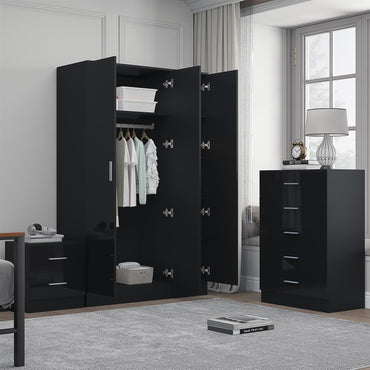 Reflect 3 Door Mirror Wardrobe, 5 Drawer Chest, 2 Drawer Bedside - Black Gloss & Black Oak - Modern Bedroom Furniture Set