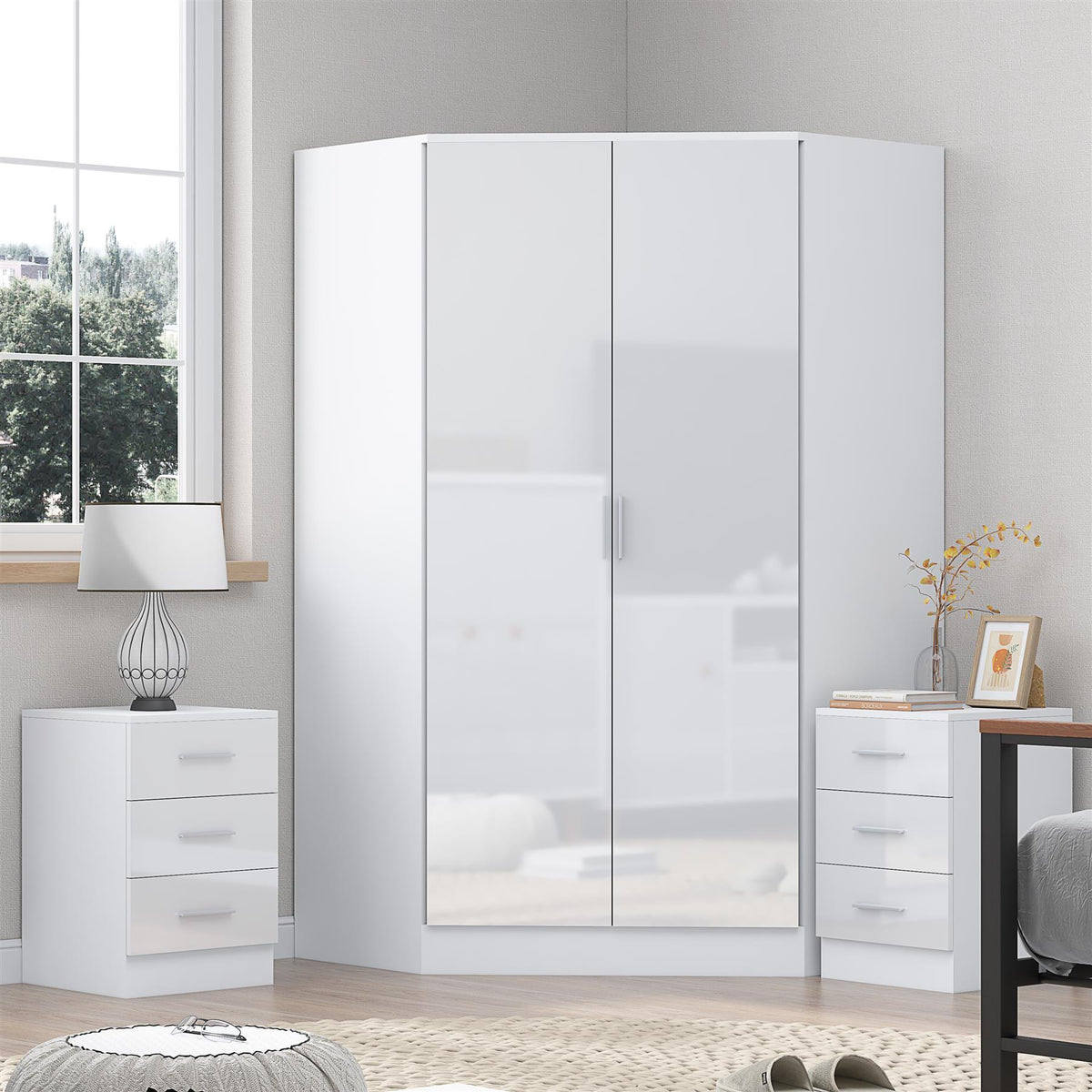 Reflect 3pc Wardrobe Bundle - 2 Door Corner + 2x 3 Drawer Bedsides - White Gloss & Matt White