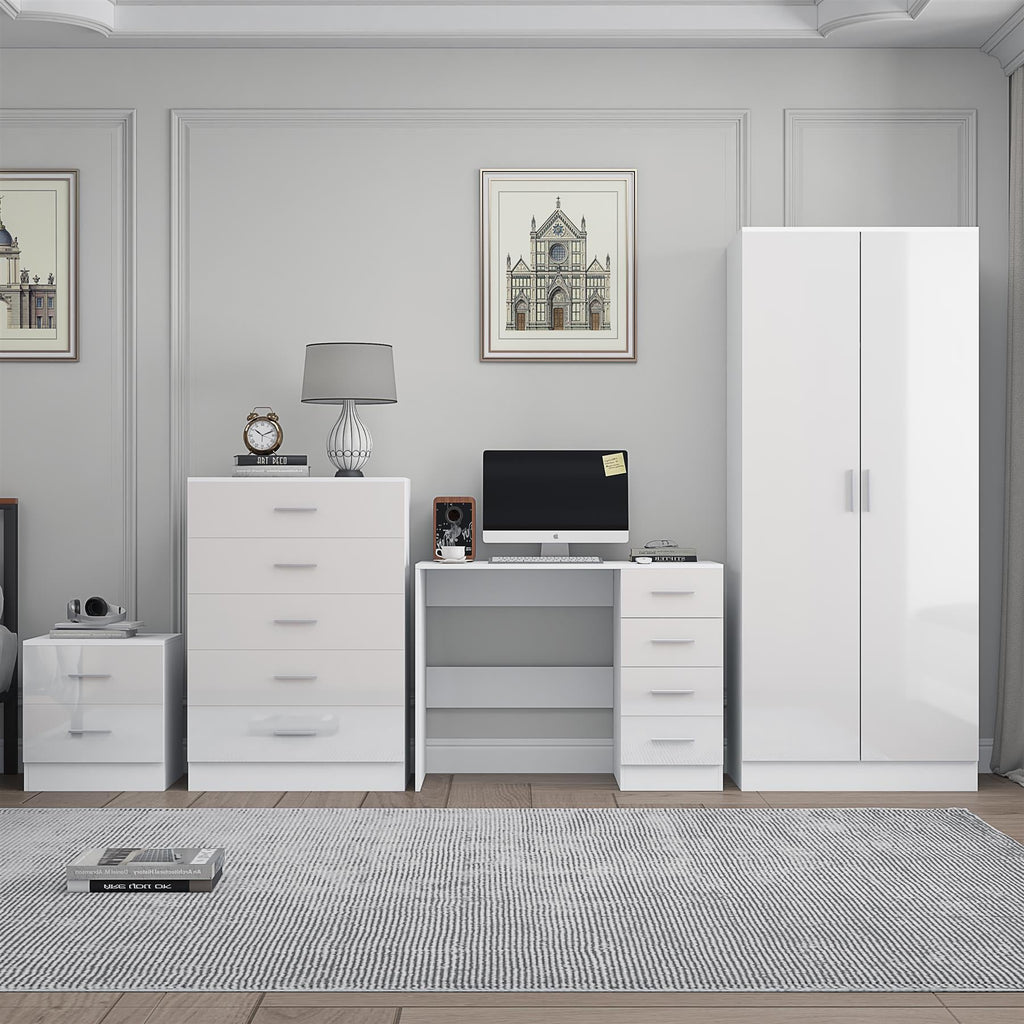 REFLECT Gloss 4pc Bedroom Set - 2 Door Wardrobe + 5 Draw Chest + Bedside + Desk