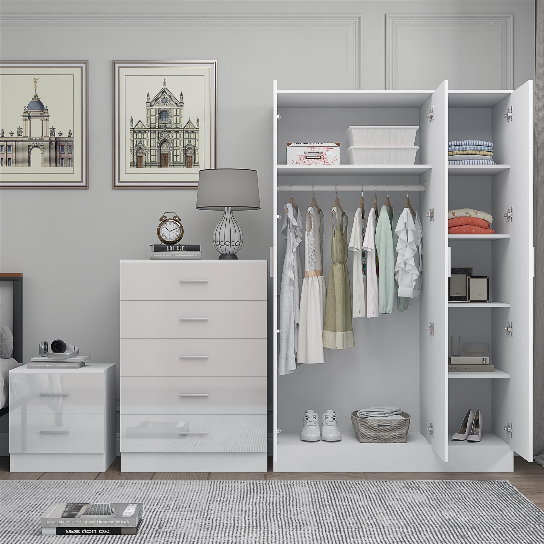 Reflect 3 Door Plain Wardrobe, 5 Drawer Chest, 2 Drawer Bedside - White Gloss & Matt White - Modern Bedroom Furniture Set