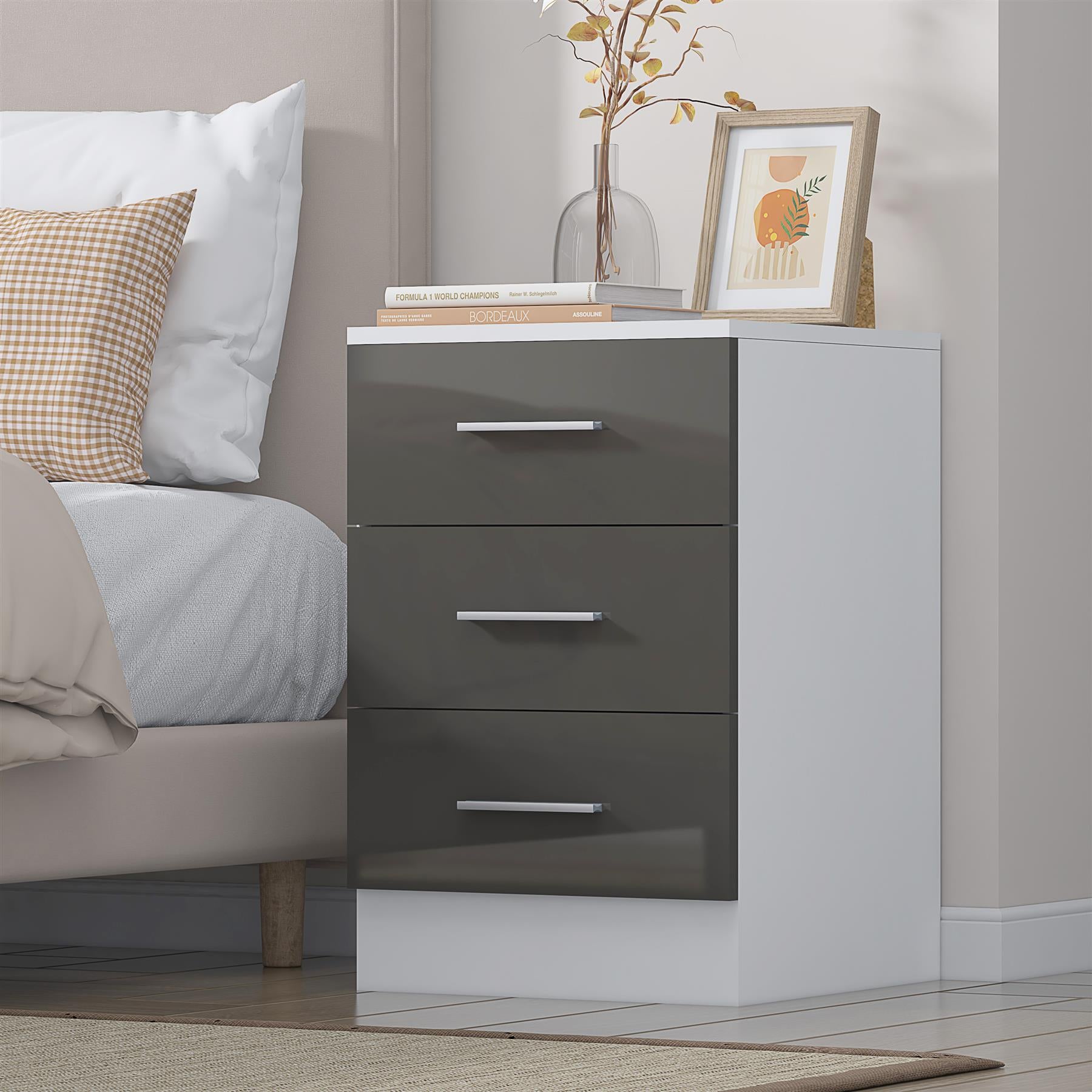 REFLECT High Gloss Bedroom Furniture Wardrobe Chest Bedside Desk in Grey/White