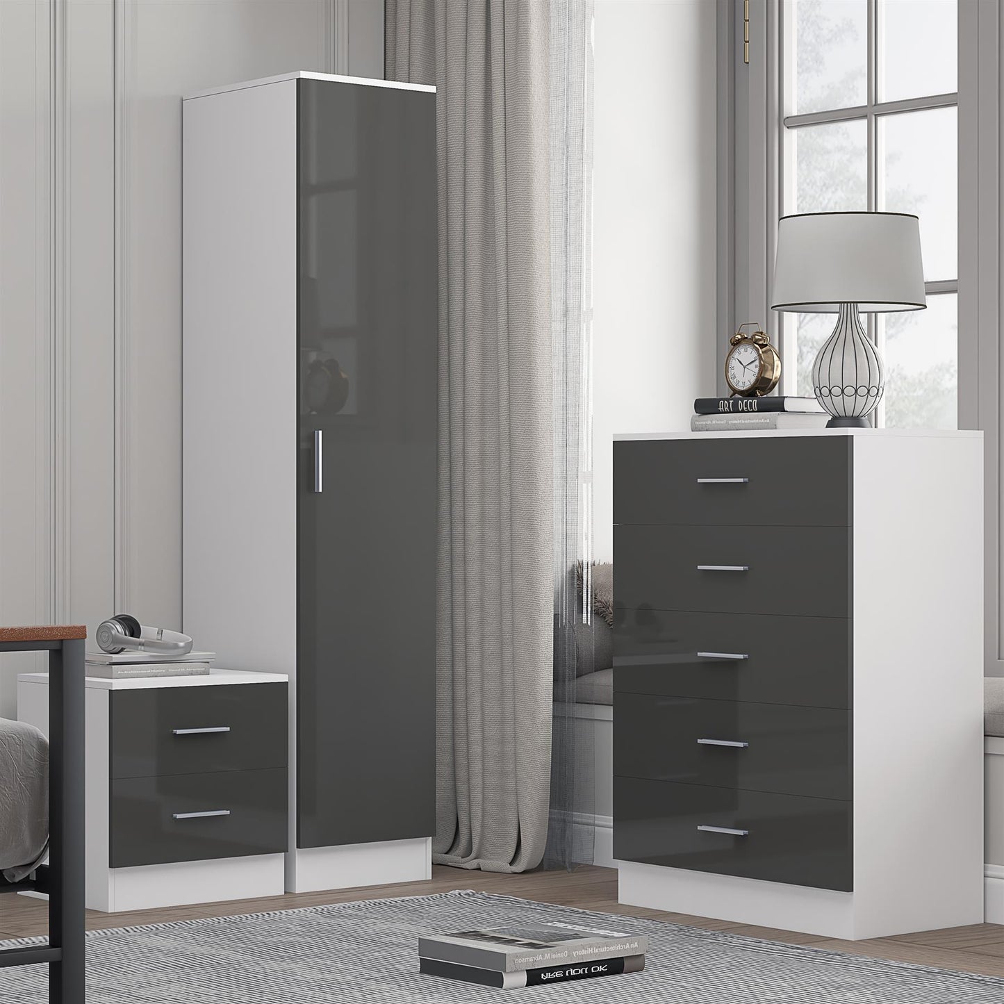 REFLECT Gloss 3pc Bedroom Set - 1 Door Wardrobe + 5 Draw Chest + Bedside