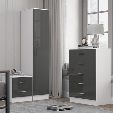 REFLECT Gloss 3pc Bedroom Set - 1 Door Wardrobe + 5 Draw Chest + Bedside