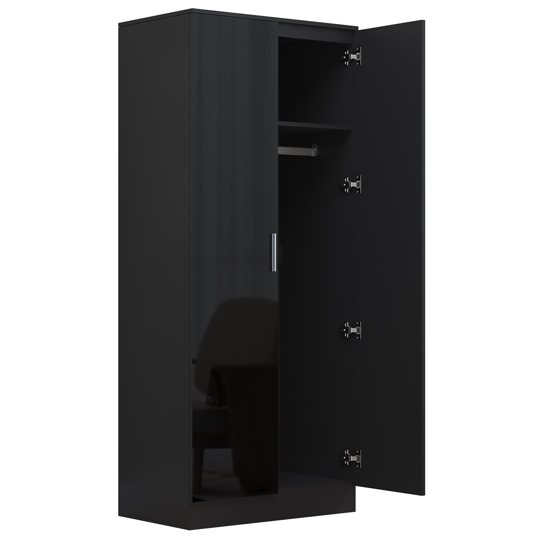 Reflect 2 Door Mirrored Wardrobe - Black Gloss & Black Oak - Hanging Rails & Shelves - H: 180cm x W: 76cm - Modern Sleek Design