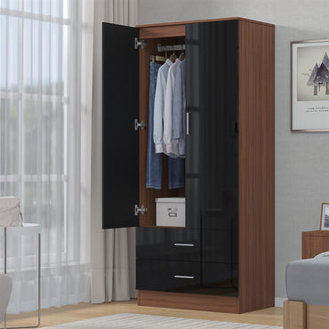 Reflect 2 Door 2 Drawer Combi Plain Wardrobe - Black Gloss & Walnut - Hanging Rails, Drawers & Shelf