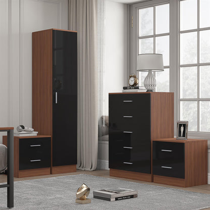 Reflect 1 Door Plain Wardrobe, 5 Drawer Chest, 2x 2 Drawer Bedsides - Black Gloss & Walnut - Modern Bedroom Furniture Set