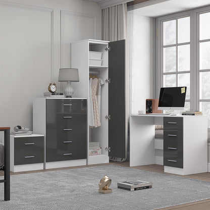 REFLECT Gloss 4pc Bedroom Set - 1 Door Wardrobe + 5 Draw Chest + Bedside + Desk