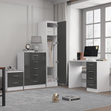 Reflect 1 Door Plain Wardrobe, 5 Drawer Chest, 2 Drawer Bedside & Desk - Grey Gloss & Matt White - Bedroom Furniture Set
