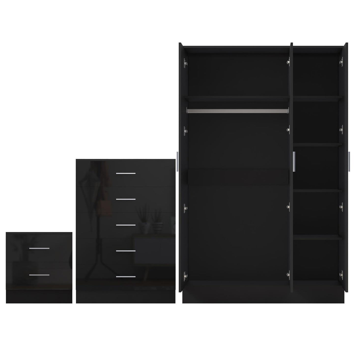Reflect 3 Door Plain Wardrobe, 5 Drawer Chest, 2 Drawer Bedside - Black Gloss & Black Oak - Modern Bedroom Furniture Set