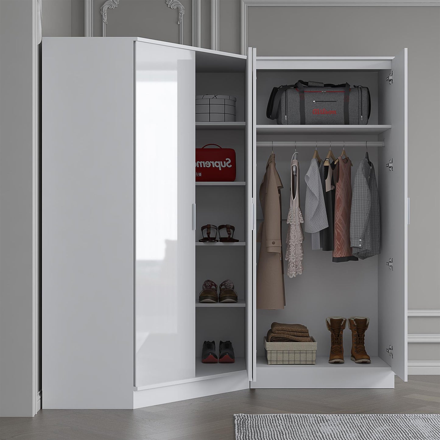 Reflect 2pc Wardrobe Bundle - 2 Door Corner + 2 Door Plain - White Gloss & Matt White