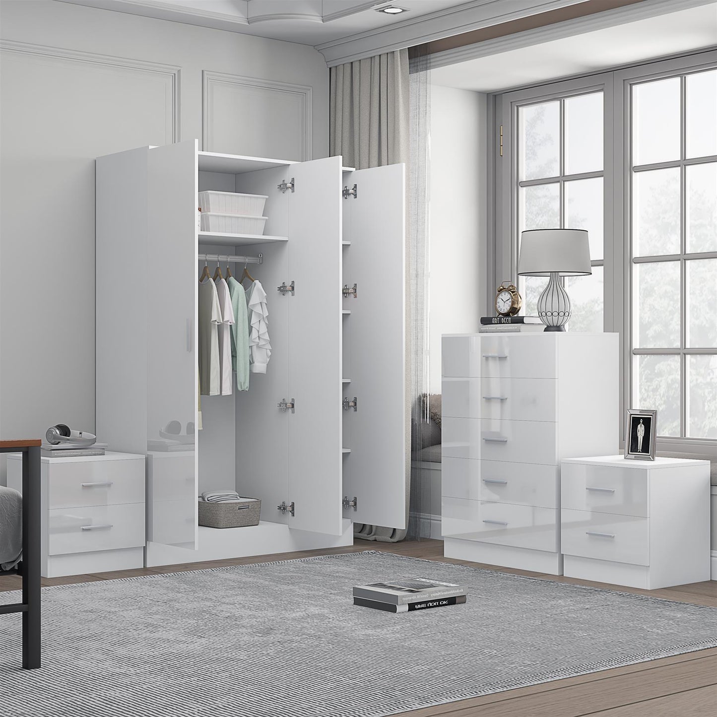 Reflect 3 Door Mirror Wardrobe, 5 Drawer Chest, 2x 2 Drawer Bedsides - White Gloss & Matt White - Modern Bedroom Furniture Set