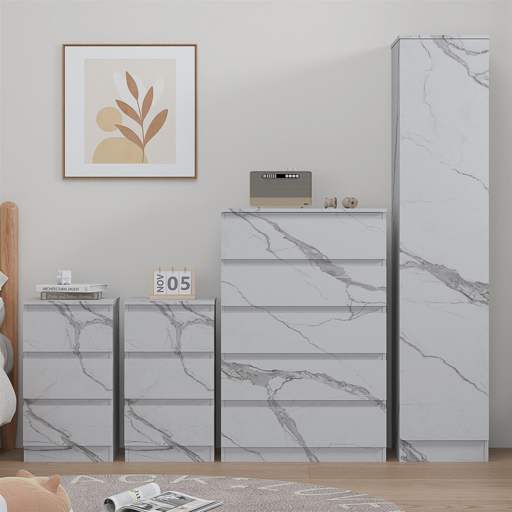 ZITA 4pc White Marble Effect Bedroom Set - 1-Door Wardrobe, Tall Chest & 2 Bedside Tables, Stylish Modern Storage Furniture