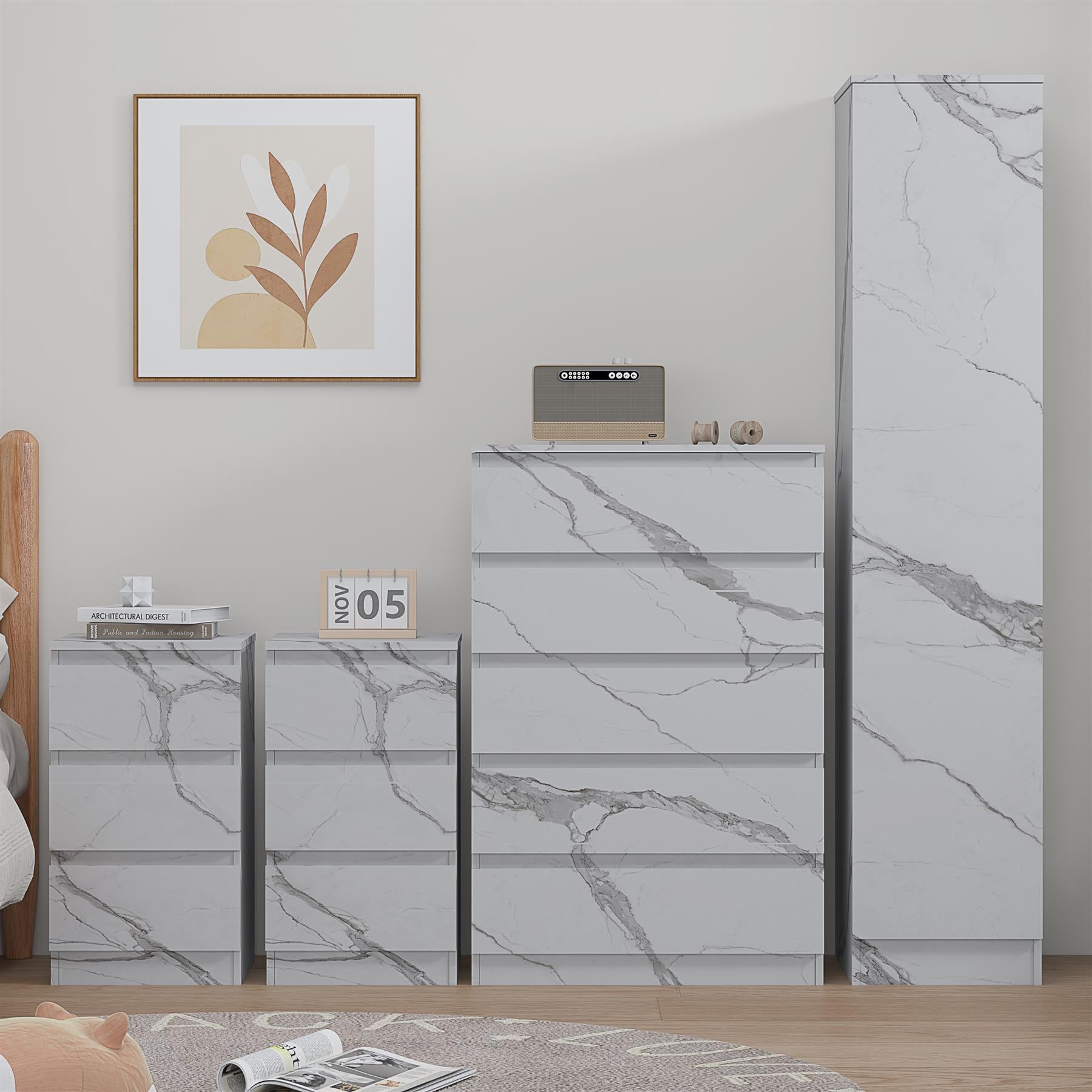 ZITA 4pc White Marble Effect Bedroom Set - 1-Door Wardrobe, Tall Chest & 2 Bedside Tables, Stylish Modern Storage Furniture