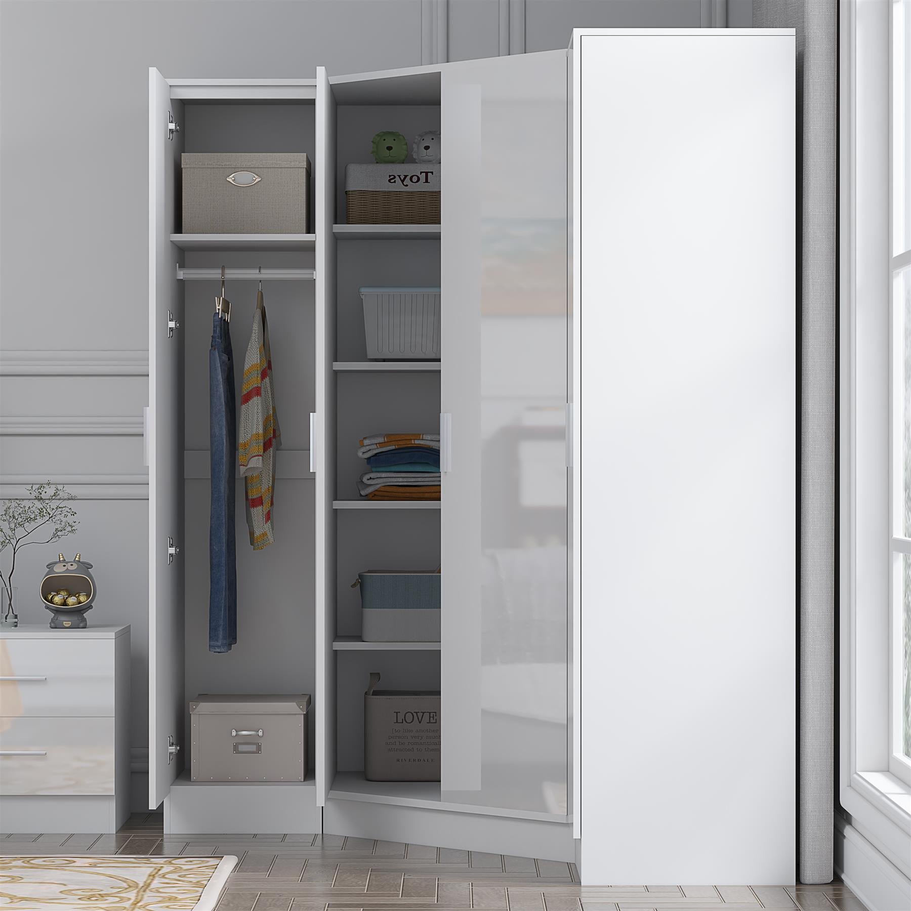 Reflect 3pc Wardrobe Bundle - 2 Door Corner + 2x 1 Door Plain - White Gloss & Matt White
