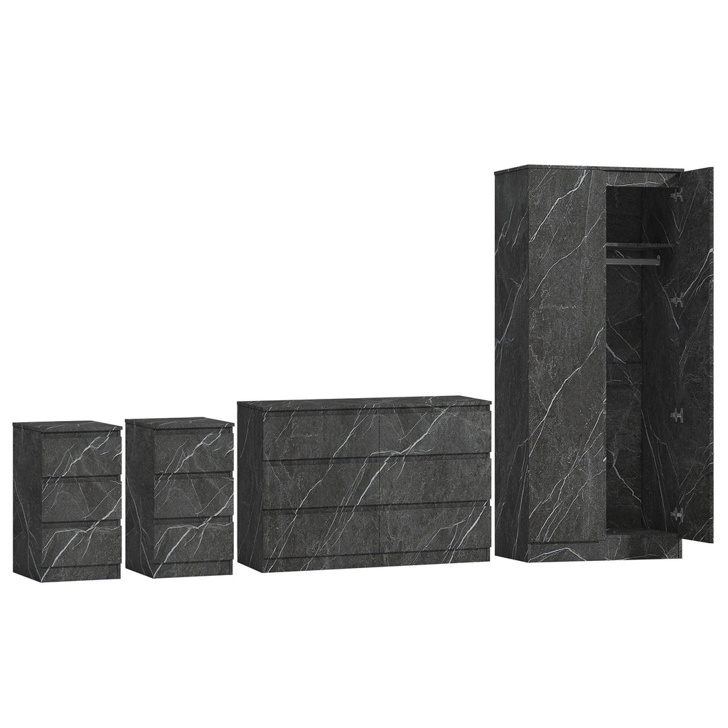 ZITA Grey Marble Effect 4 Piece Bedroom Set - Wardrobe, 6 Drawer Chest & 2 Bedside Tables, Stylish Bedroom Furniture