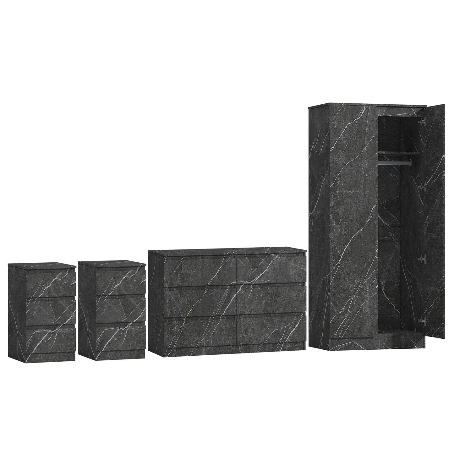 ZITA Grey Marble Effect 4 Piece Bedroom Set - Wardrobe, 6 Drawer Chest & 2 Bedside Tables, Stylish Bedroom Furniture