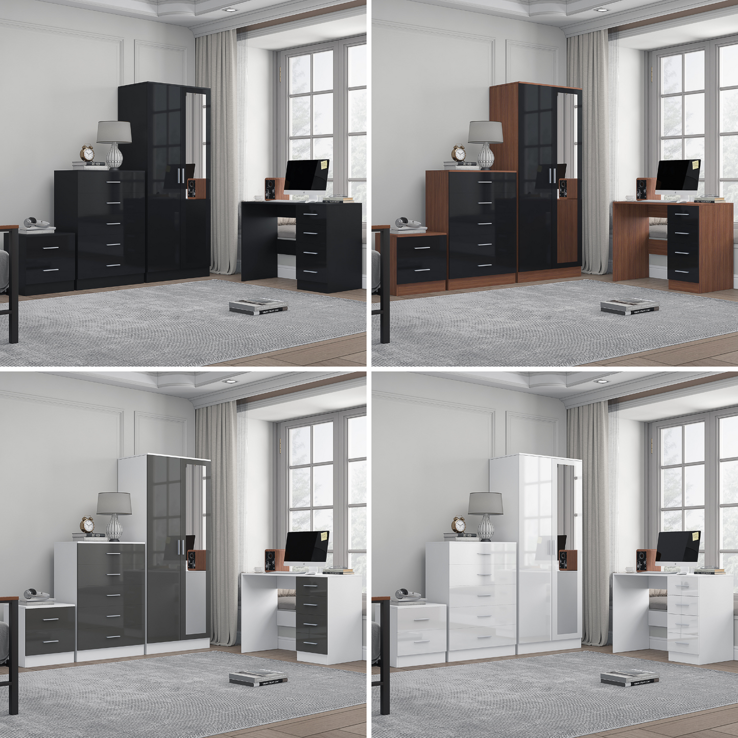 REFLECT Gloss 4pc Set - 2 Door Mirrored Wardrobe + 5 Draw Chest + Bedside + Desk