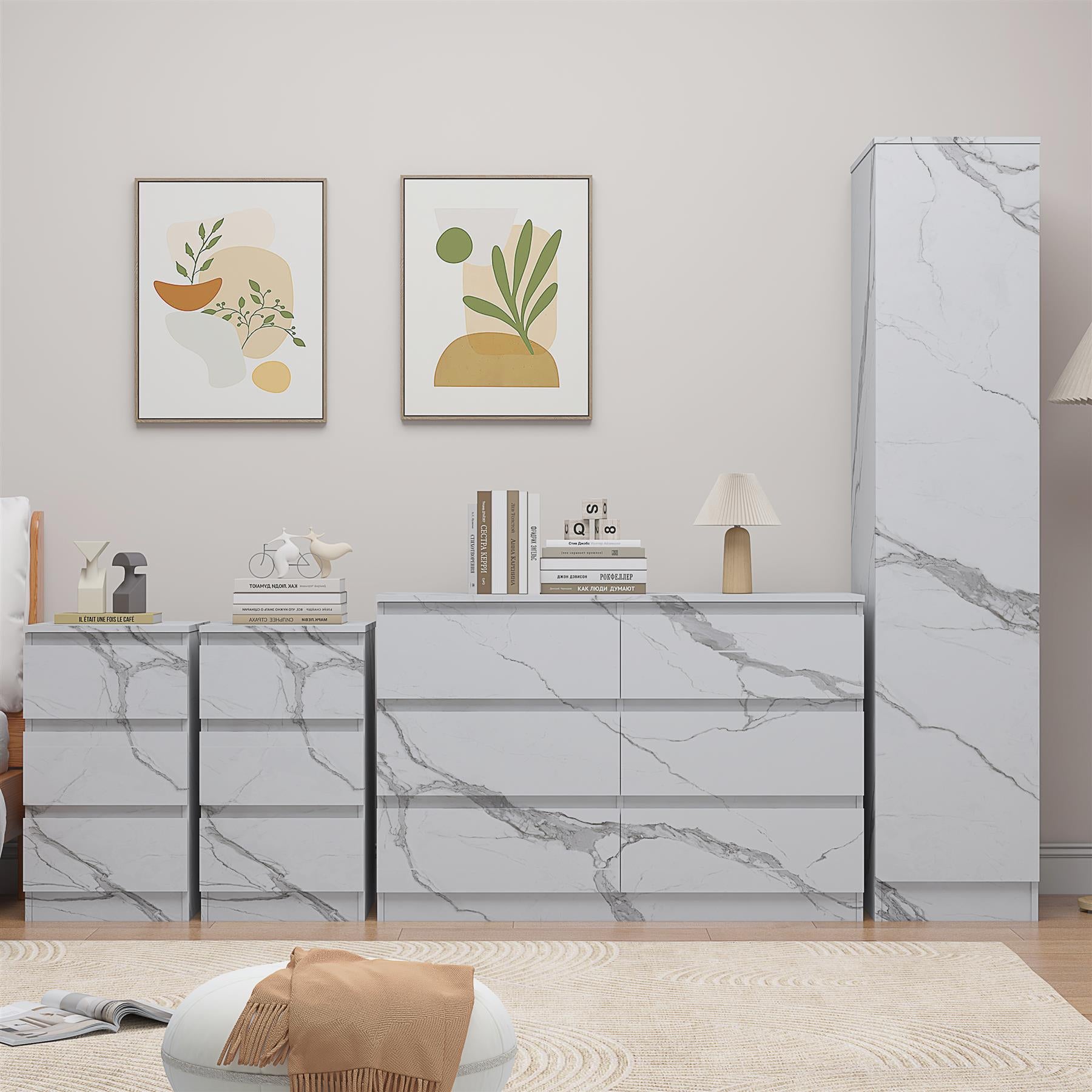 ZITA White Marble Effect 4pc Bedroom Set - 1-Door Wardrobe, Wide Chest & 2 Bedside Tables, Contemporary Bedroom Storage Solution