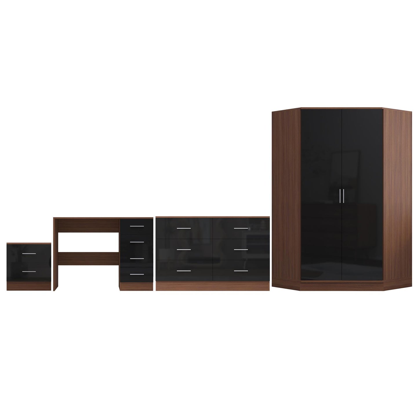 Reflect 2 Door Corner Wardrobe, 6 Drawer Chest, 2 Drawer Bedside & Desk - Black Gloss & Walnut - Bedroom Furniture Set