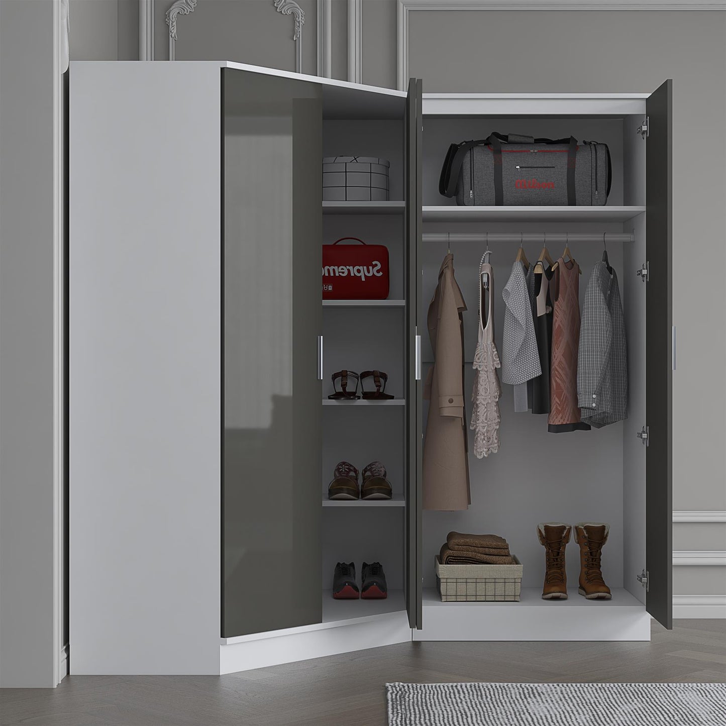 Reflect 2pc Wardrobe Bundle - 2 Door Corner + 2 Door Plain - Grey Gloss & Matt White