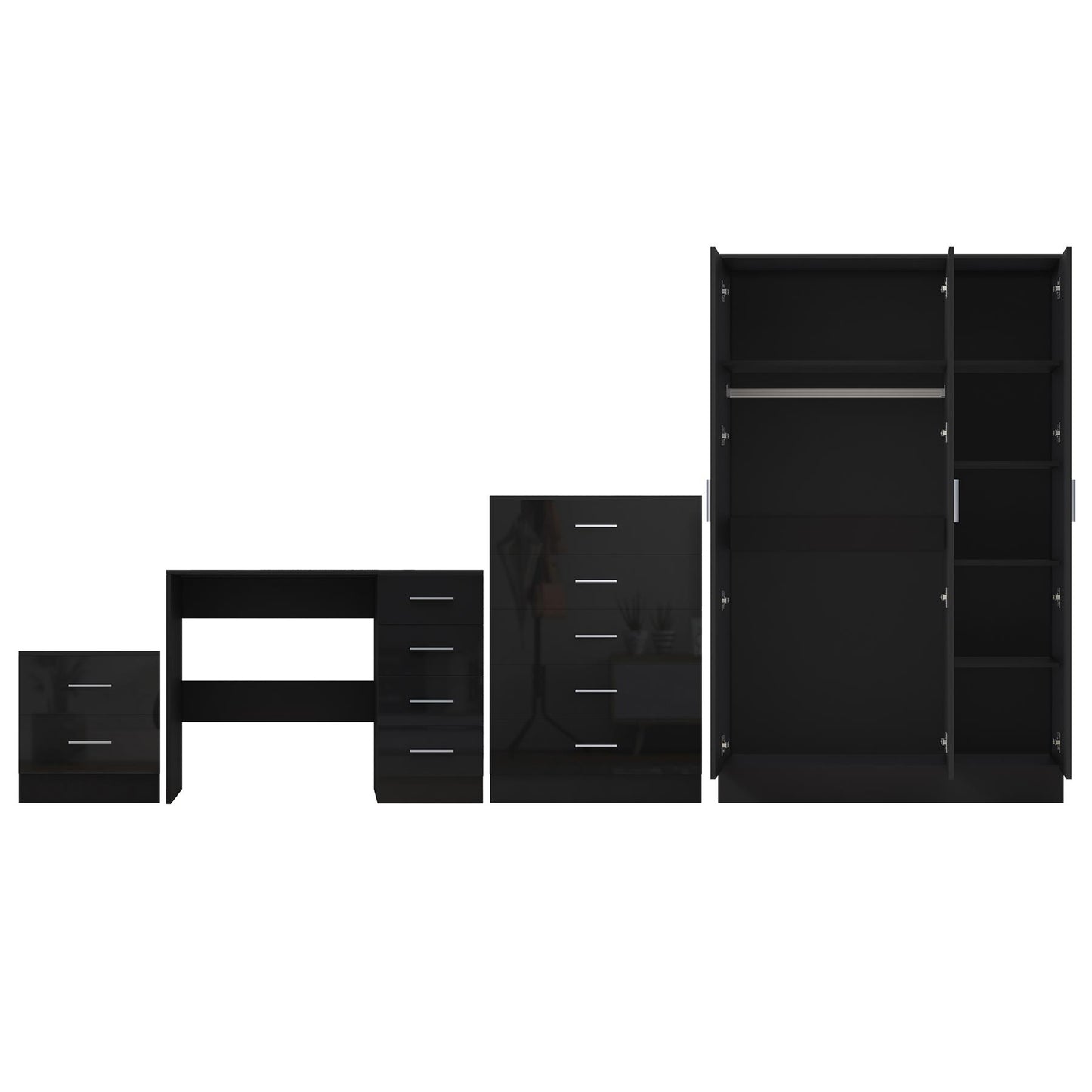 REFLECT Gloss 4pc Bedroom Set - 3 Door Wardrobe + Tall Chest + Bedside + Desk