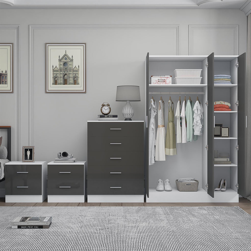 REFLECT Gloss 4pc Bedroom Set - 3 Door Wardrobe + 5 Draw Chest + 2 Bedsides