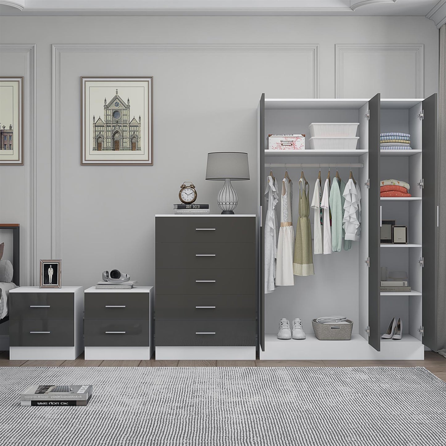 REFLECT Gloss 4pc Bedroom Set - 3 Door Wardrobe + 5 Draw Chest + 2 Bedsides
