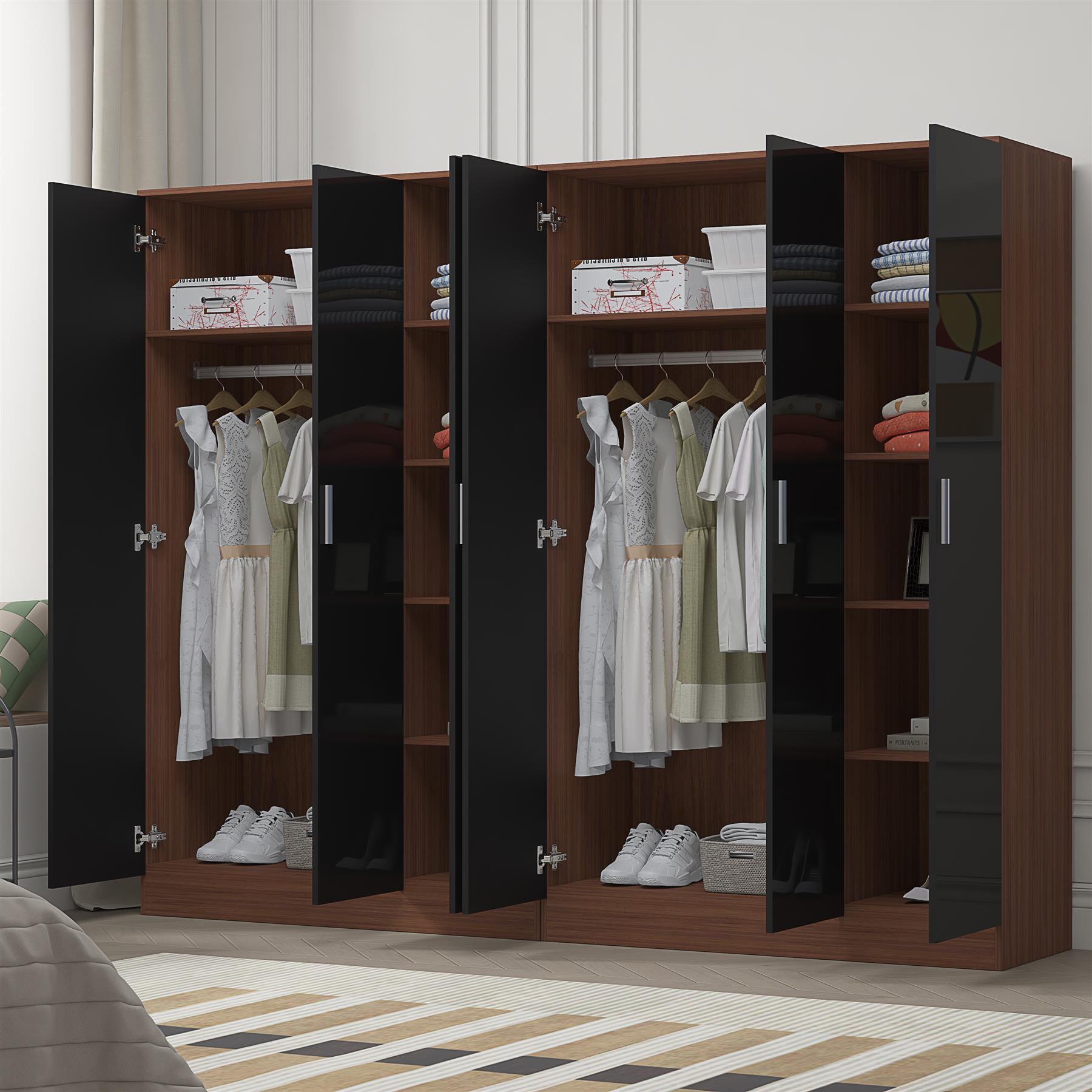 Reflect 2pc Wardrobe Bundle - 3 Door Plain + 3 Door Plain - Black Gloss & Walnut