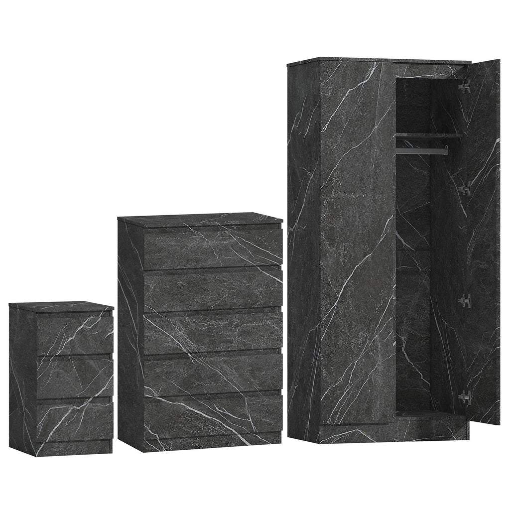 ZITA Grey Marble Effect 3 Piece Set - 2 Door Wardrobe, 5 Drawer Chest & 3 Drawer Bedside, Stylish Bedroom Storage