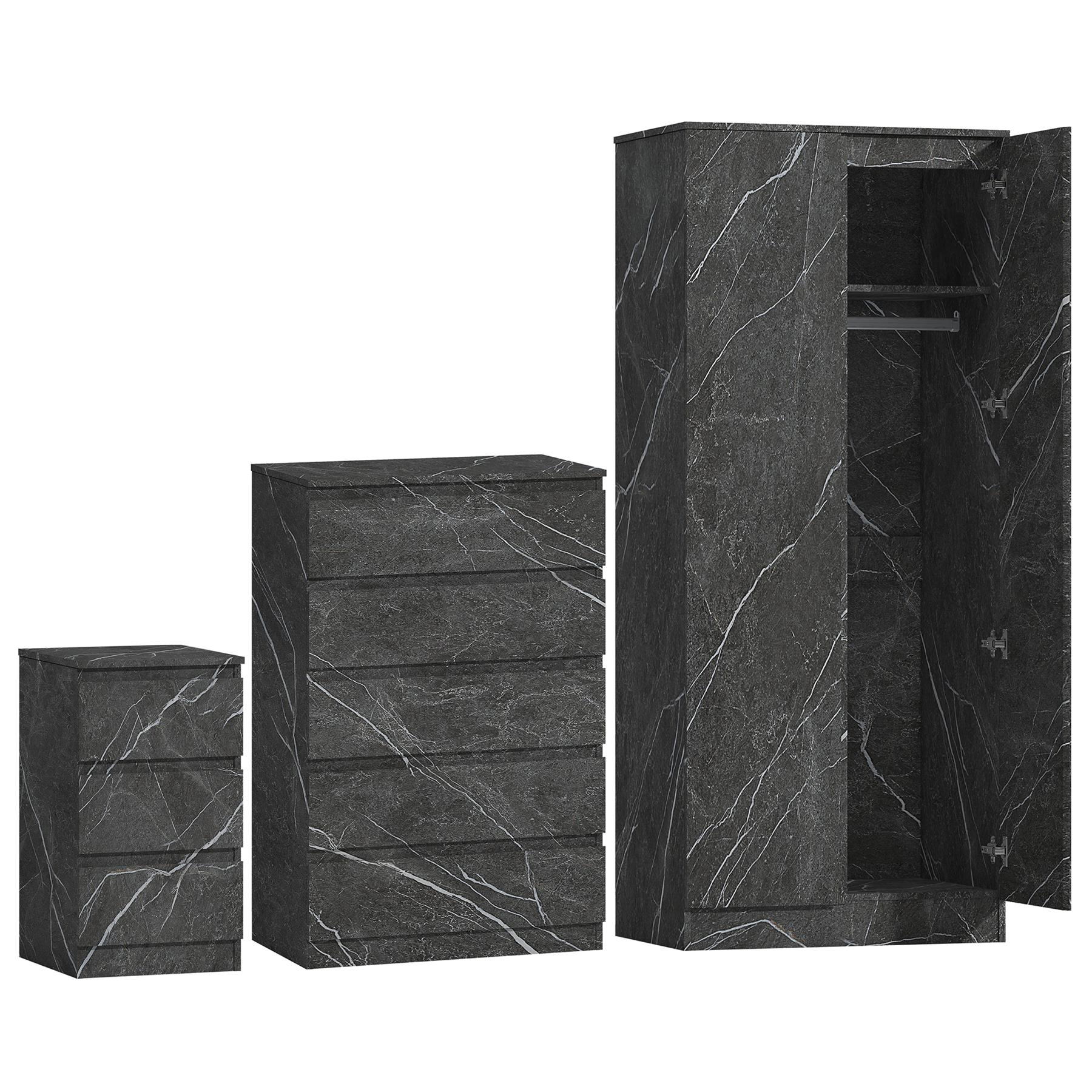 ZITA Grey Marble Effect 3 Piece Set - 2 Door Wardrobe, 5 Drawer Chest & 3 Drawer Bedside, Stylish Bedroom Storage