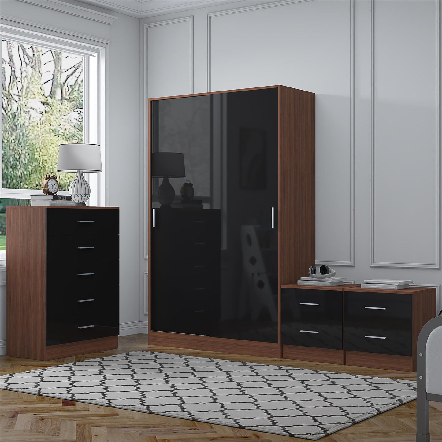Reflect 2 Door Sliding Wardrobe, 5 Drawer Chest, 2x 2 Drawer Bedsides - Black Gloss & Walnut - Modern Bedroom Furniture Set