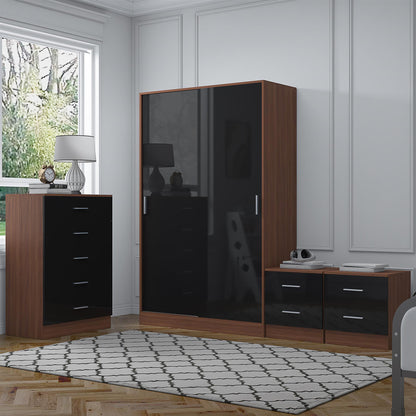 Reflect 2 Door Sliding Wardrobe, 5 Drawer Chest, 2x 2 Drawer Bedsides - Black Gloss & Walnut - Modern Bedroom Furniture Set