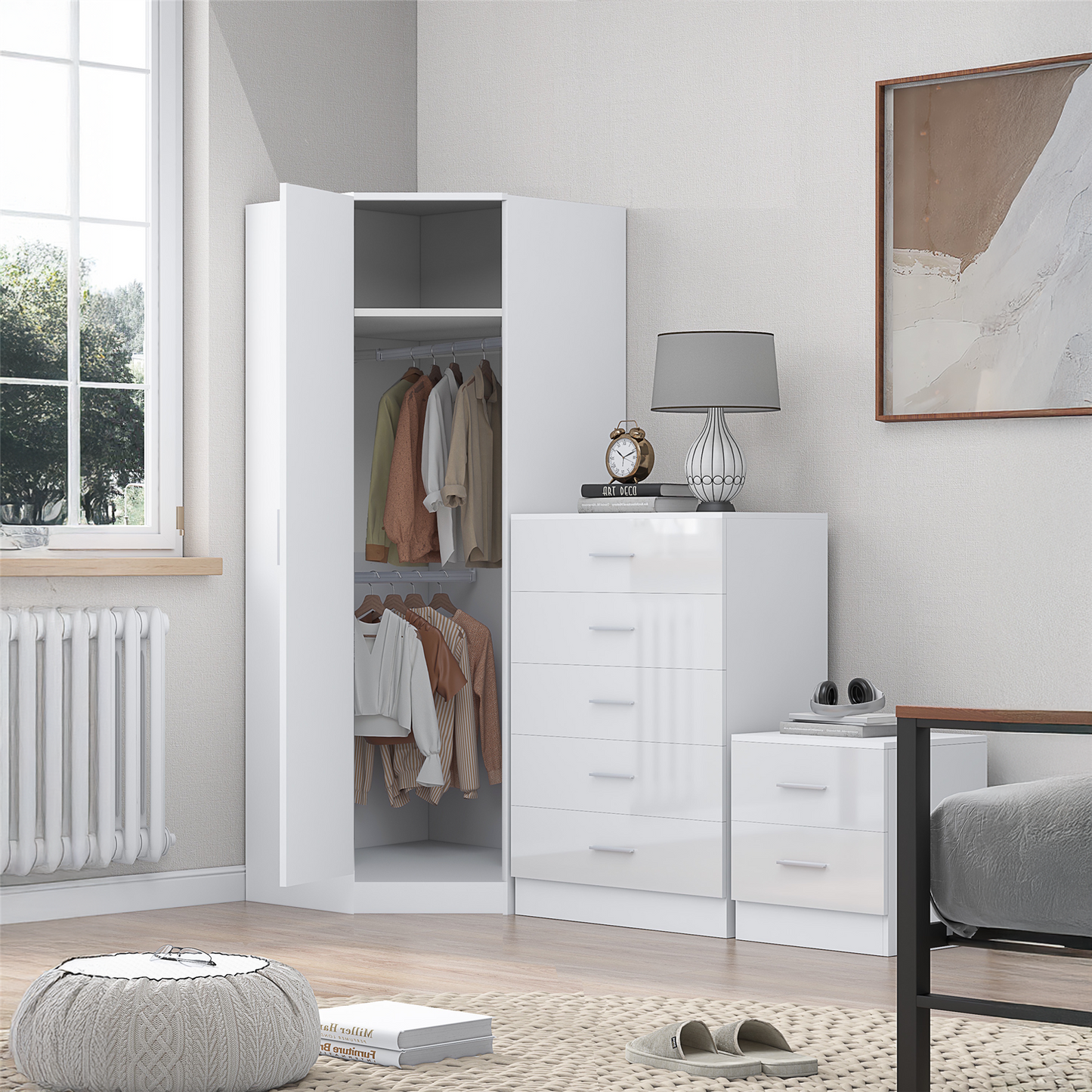 REFLECT - 1 Door Corner + 5 Drawer Chest + 2 Drawer Bedside in Gloss White / Matt White