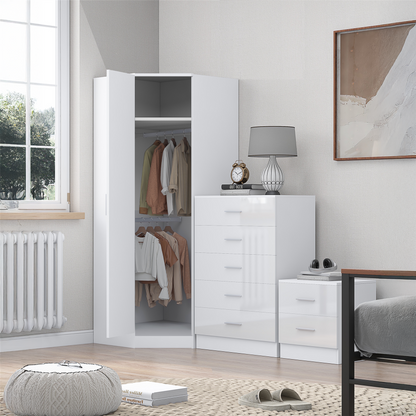 REFLECT - 1 Door Corner + 5 Drawer Chest + 2 Drawer Bedside in Gloss White / Matt White