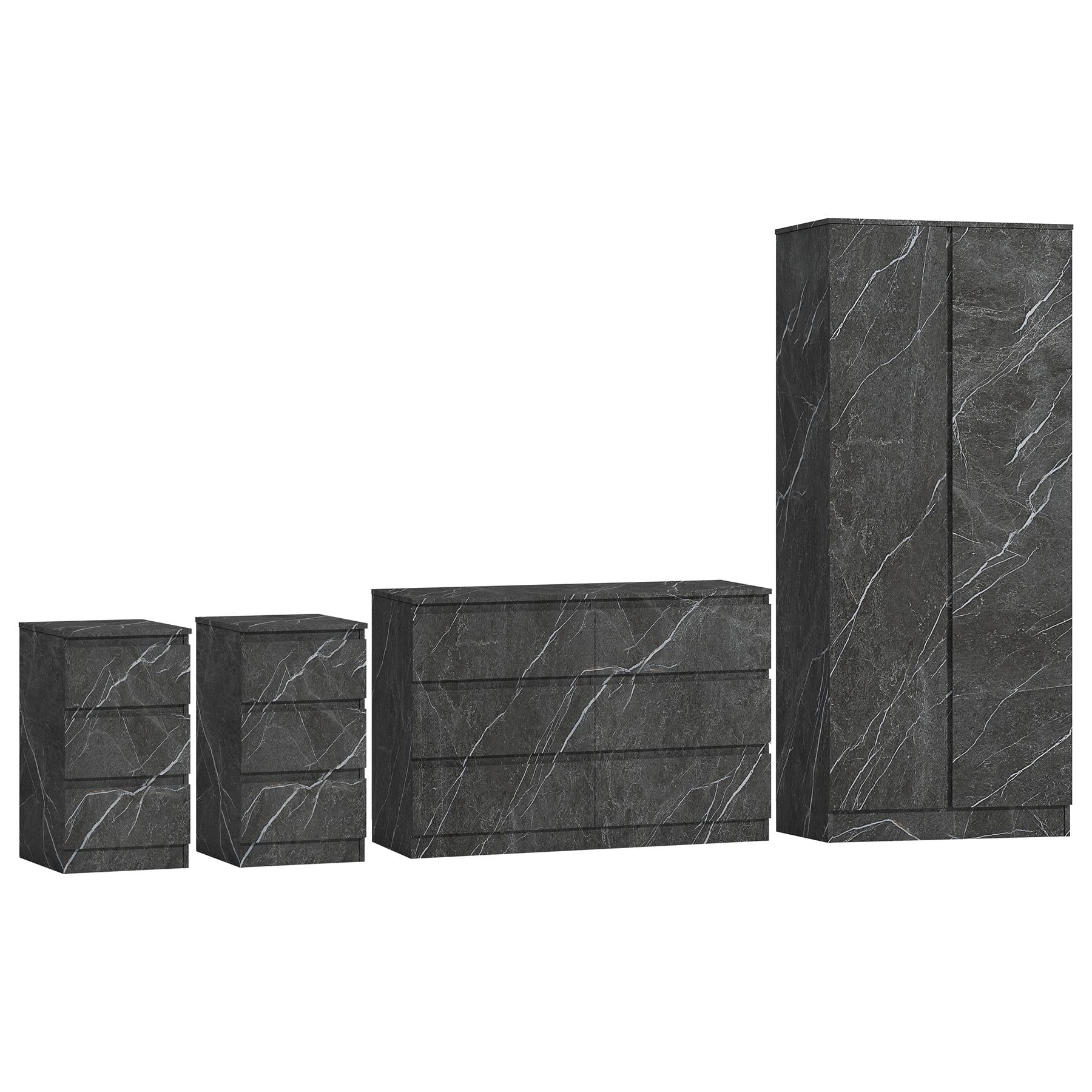 ZITA Grey Marble Effect 4 Piece Bedroom Set - Wardrobe, 6 Drawer Chest & 2 Bedside Tables, Stylish Bedroom Furniture