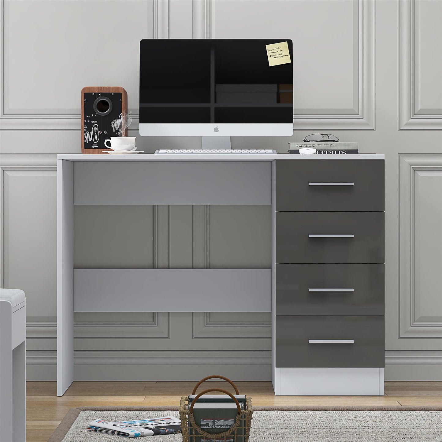 Reflect 4 Drawer Desk - Grey Gloss & Matt White - Modern Bedroom Storage for Vanity, Work or Study