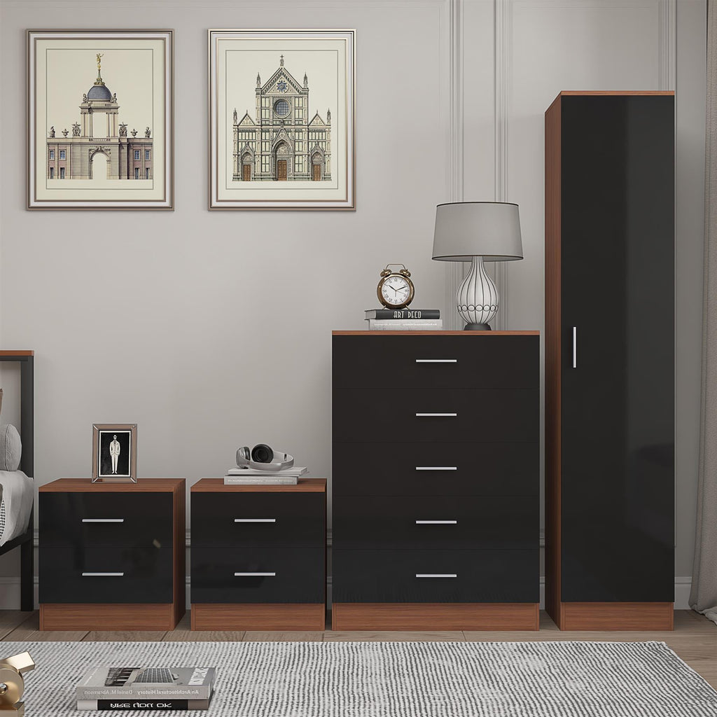 REFLECT Gloss 4pc Bedroom Set - 1 Door Wardrobe + 5 Draw Chest + 2 Bedsides