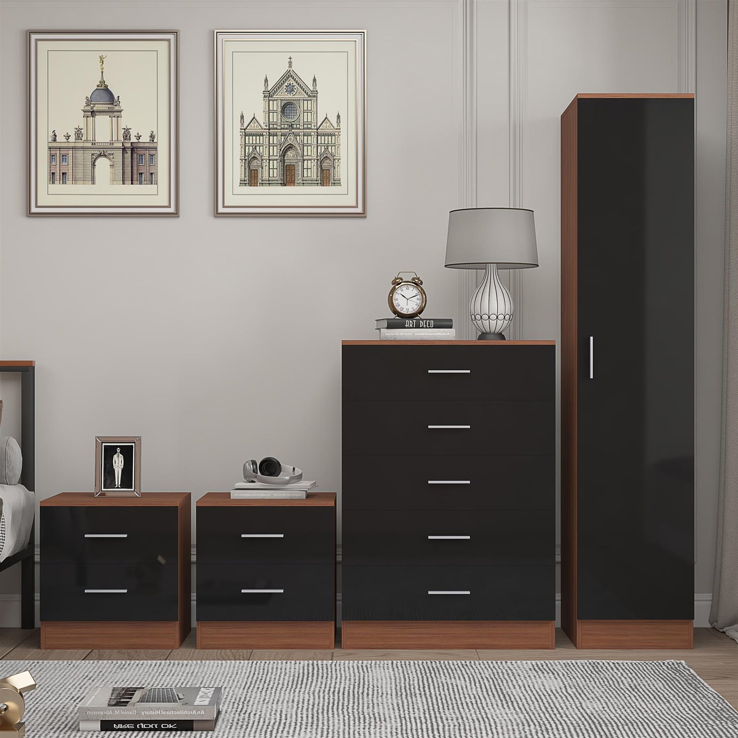 REFLECT Gloss 4pc Bedroom Set - 1 Door Wardrobe + 5 Draw Chest + 2 Bedsides