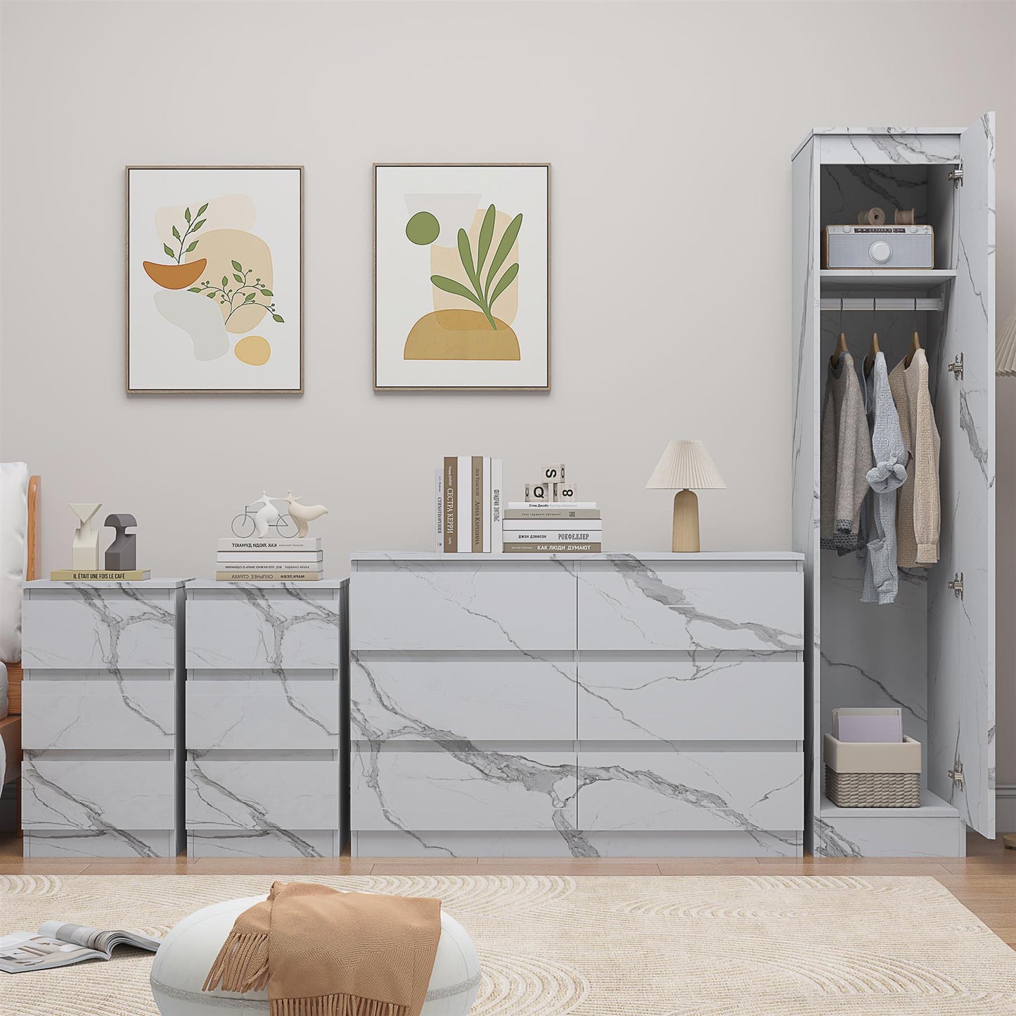 ZITA 4pc Set - 1 Door Wardrobe + Wide Chest + 2 Bedsides in White OR Grey Marble