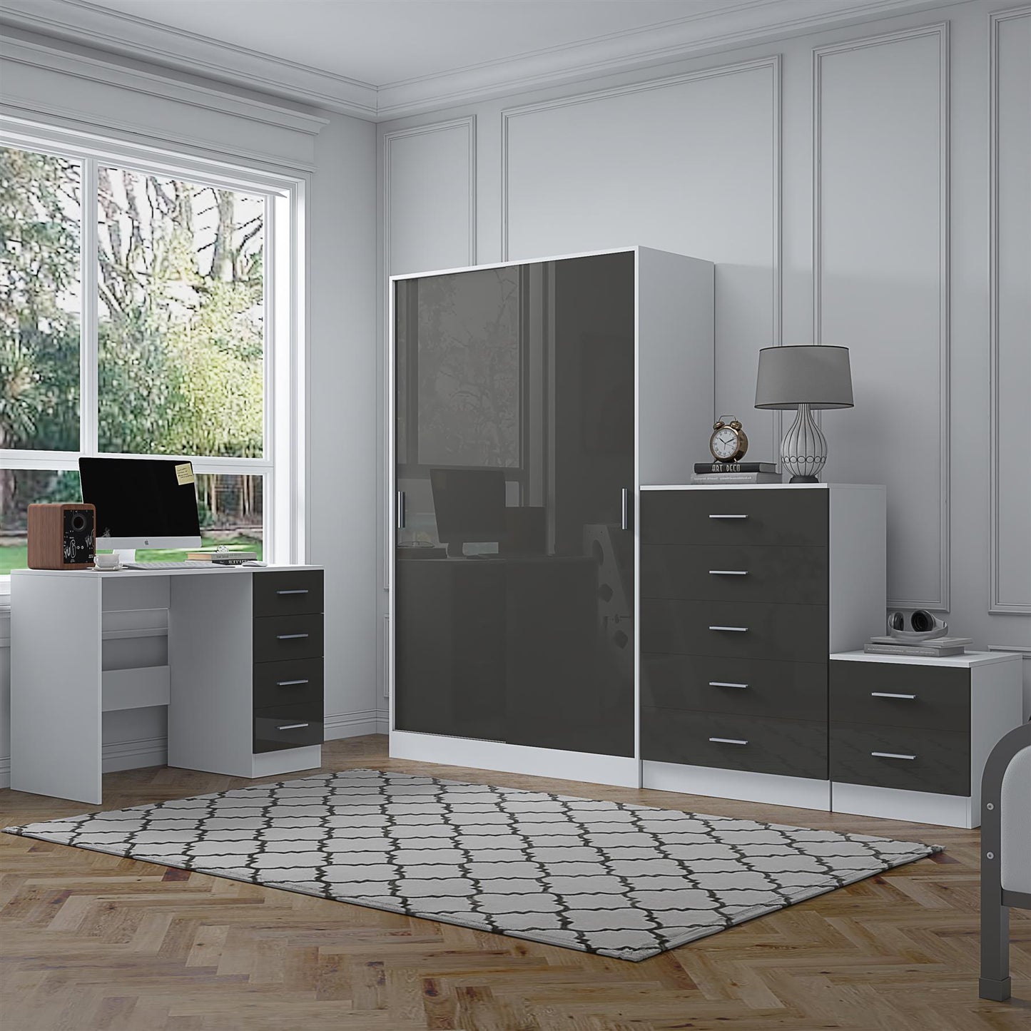 REFLECT Gloss 4pc Set - 2 Door Sliding Wardrobe + 5 Draw Chest + Bedside + Desk