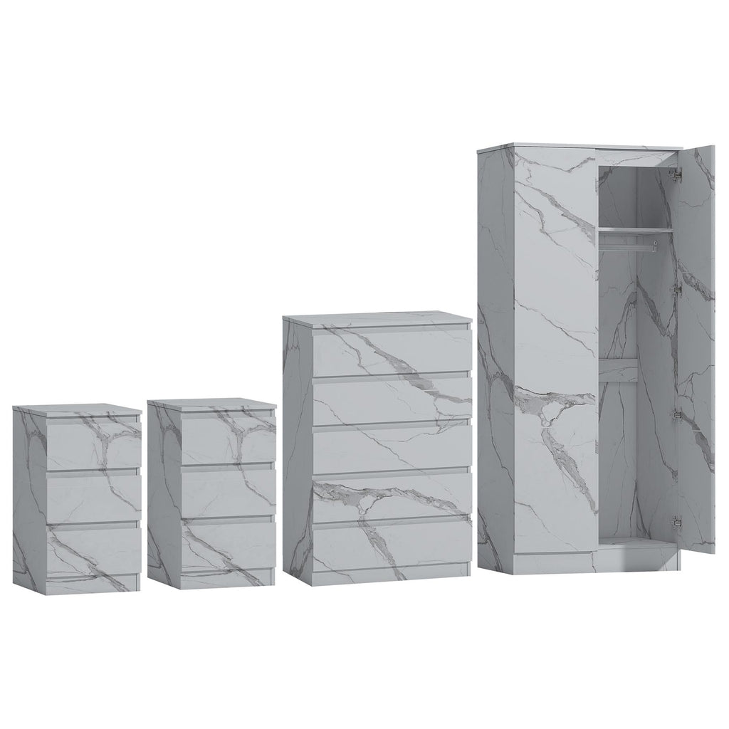 ZITA White Marble Effect 4 Piece Bedroom Set - 2 Door Wardrobe, Tall Chest & 2 Bedside Tables, Stylish Storage Solution
