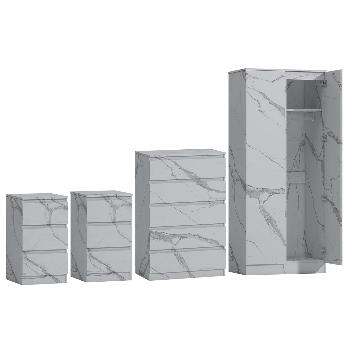 ZITA White Marble Effect 4 Piece Bedroom Set - 2 Door Wardrobe, Tall Chest & 2 Bedside Tables, Stylish Storage Solution