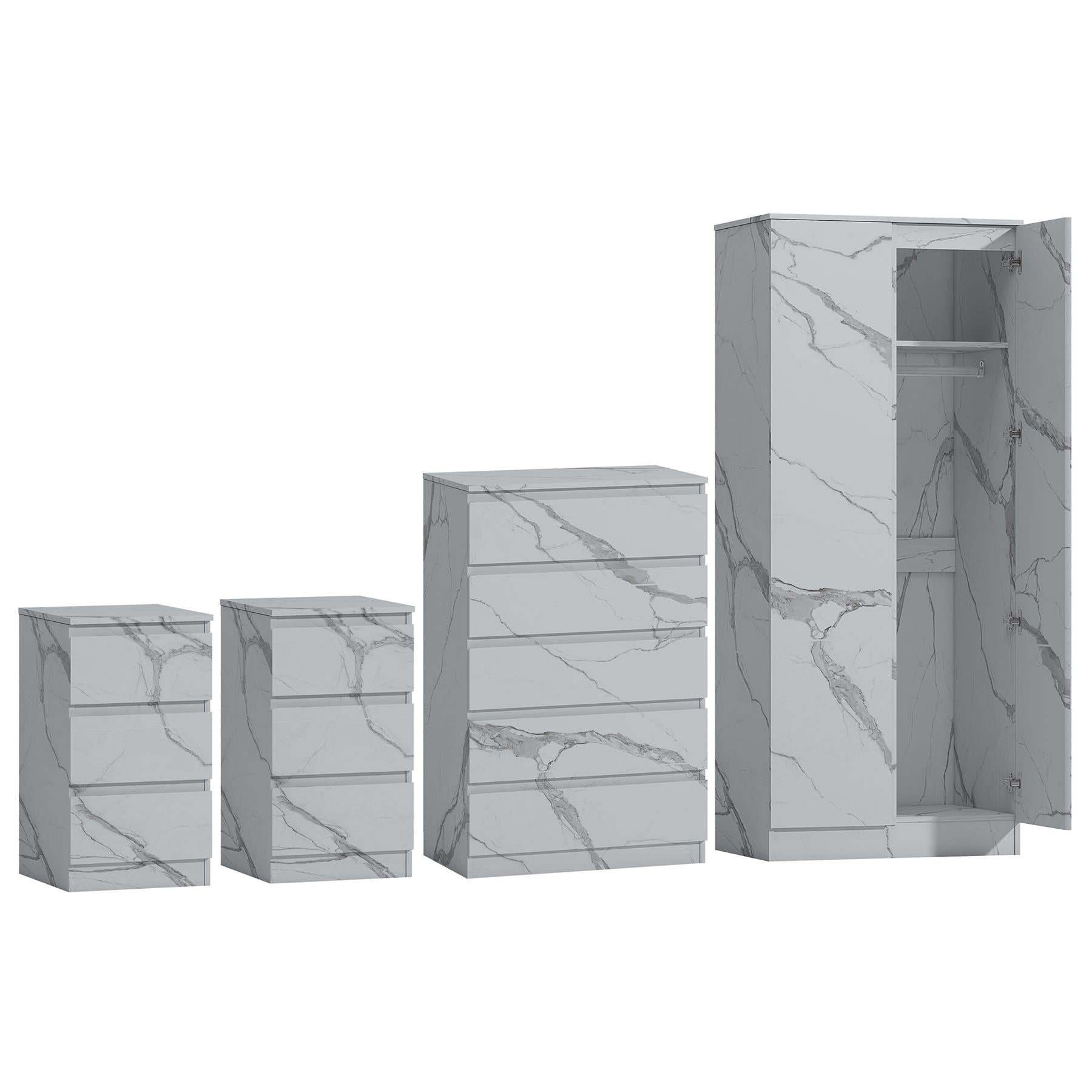 ZITA White Marble Effect 4 Piece Bedroom Set - 2 Door Wardrobe, Tall Chest & 2 Bedside Tables, Stylish Storage Solution