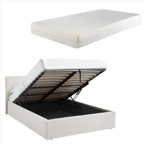 TEDDY BOUCLE 5FT King White Ottoman Storage Bed Gas Lift Up - (L) 220cm x (W) 170cm (H) 113cm with 20cm Memory Foam Mattress
