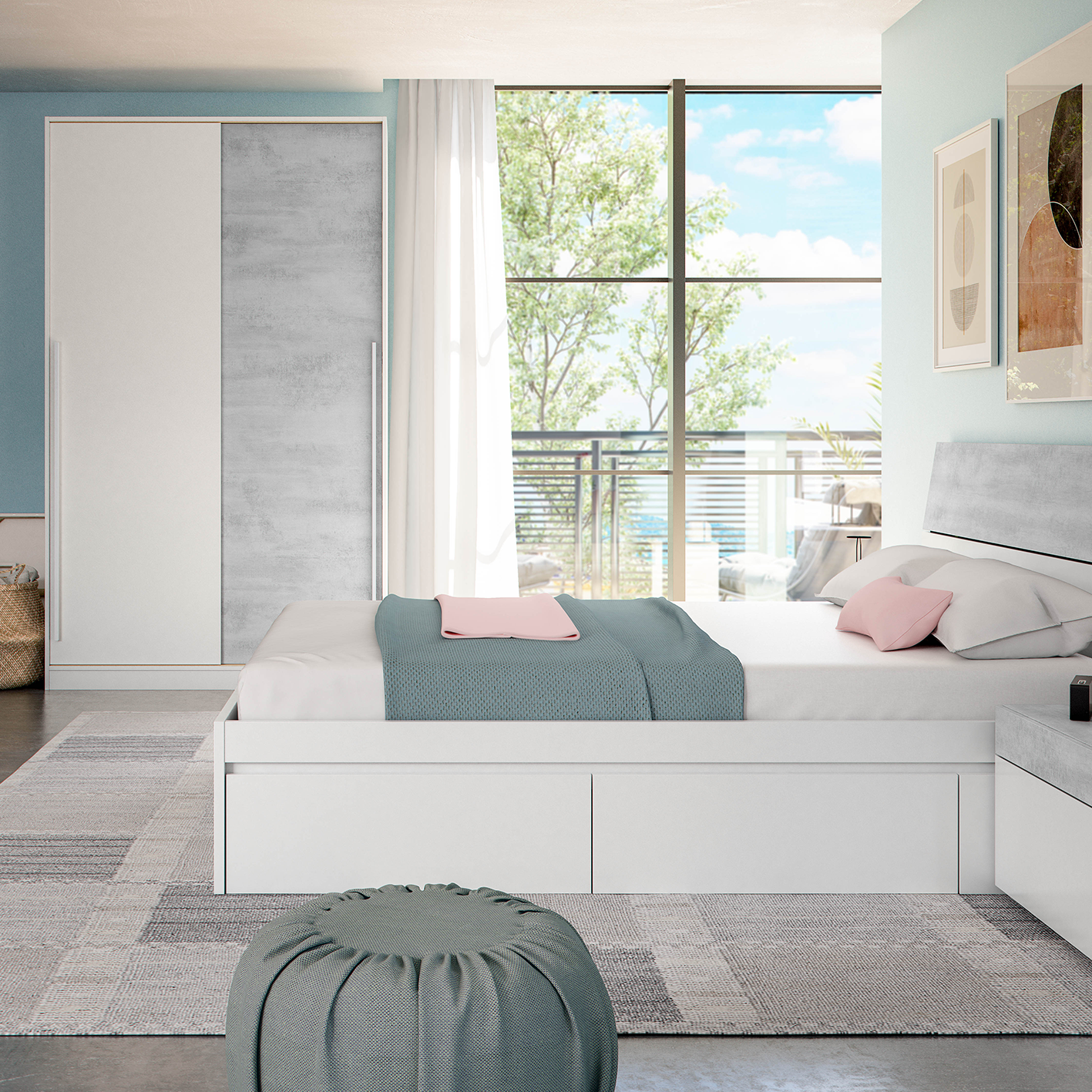TOP 2 Door Large Modern Sliding Bedroom Wardrobe - White & Grey Finish