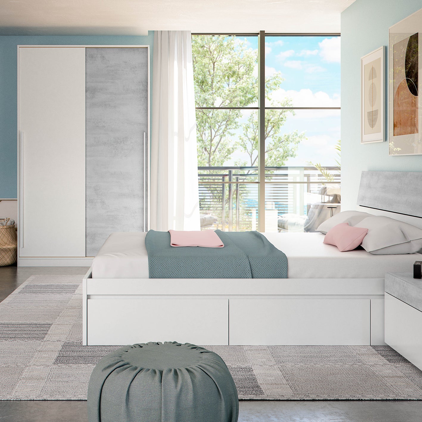 TOP 2 Door Large Modern Sliding Bedroom Wardrobe - White & Grey Finish