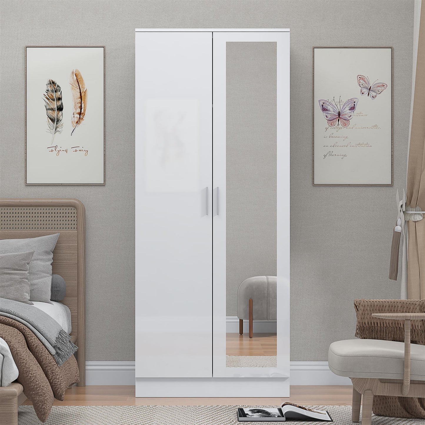 Reflect 2 Door Mirrored Wardrobe - White Gloss & Matt White - Hanging Rails & Shelves - Modern Sleek Design
