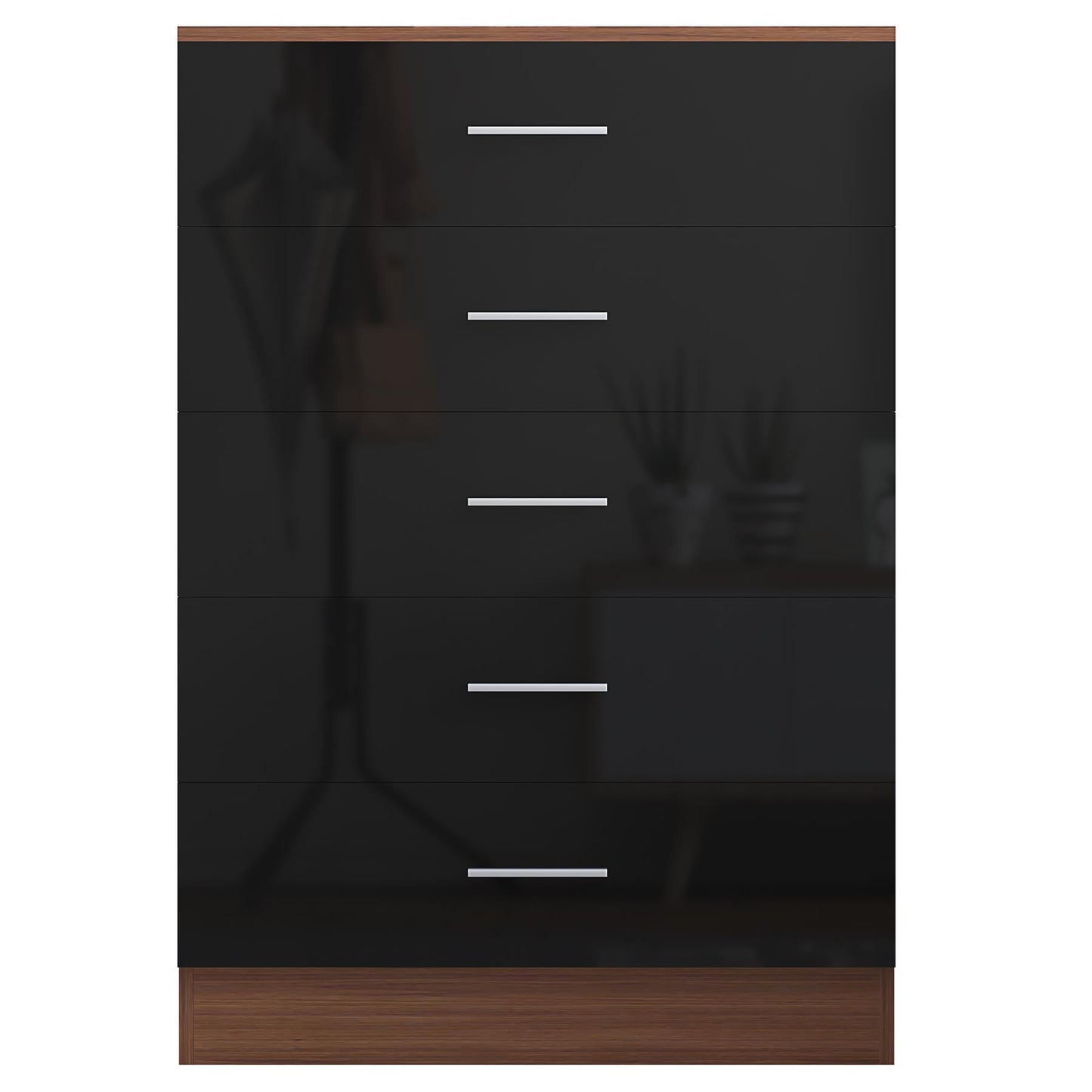 Reflect 5 Drawer Chest - Black Gloss & Walnut - Modern Vertical Bedroom Storage Unit